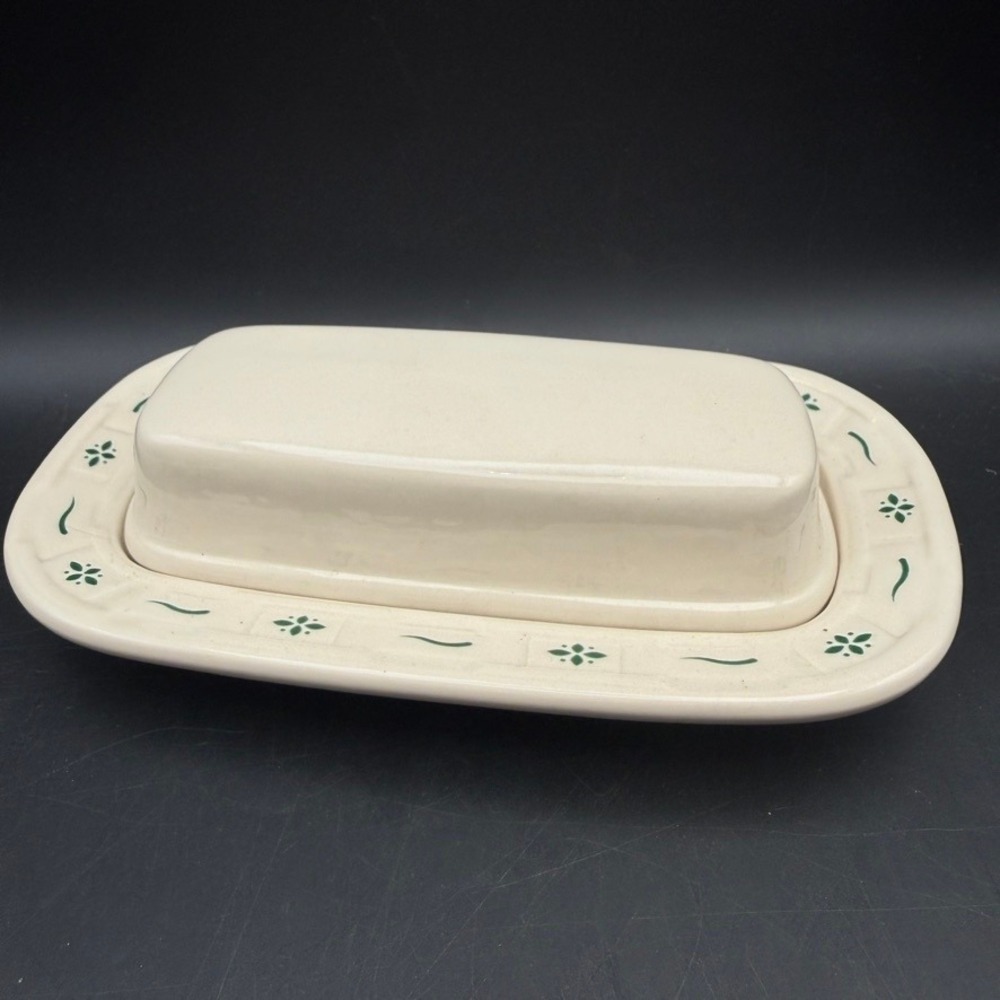 Longaberger Woven Traditions Butter Dish Green Pottery Farmhouse Vintage